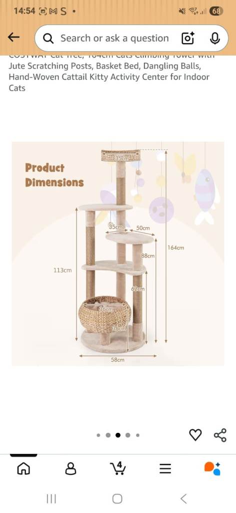 BRAND NEW COSTWAY Cat Tree, 164cm Cats Climbing Tower with Jute Scratching Posts, Basket Bed. 