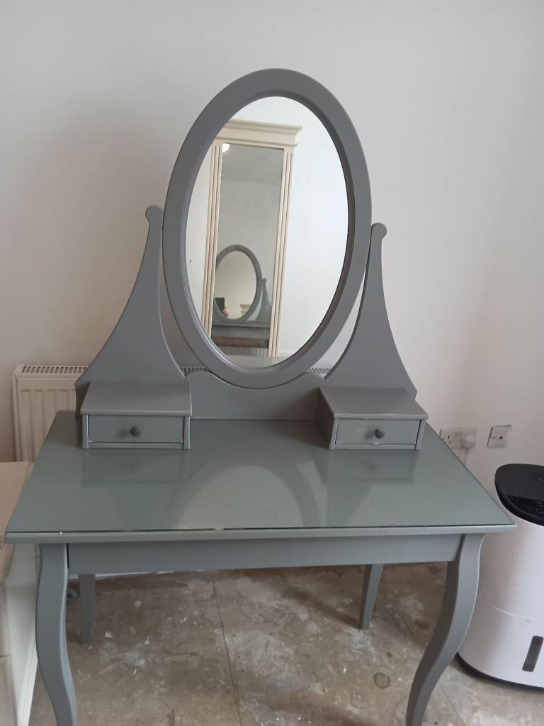 Lovely Grey Dressing Table with Oval Mirror and Two Drawers