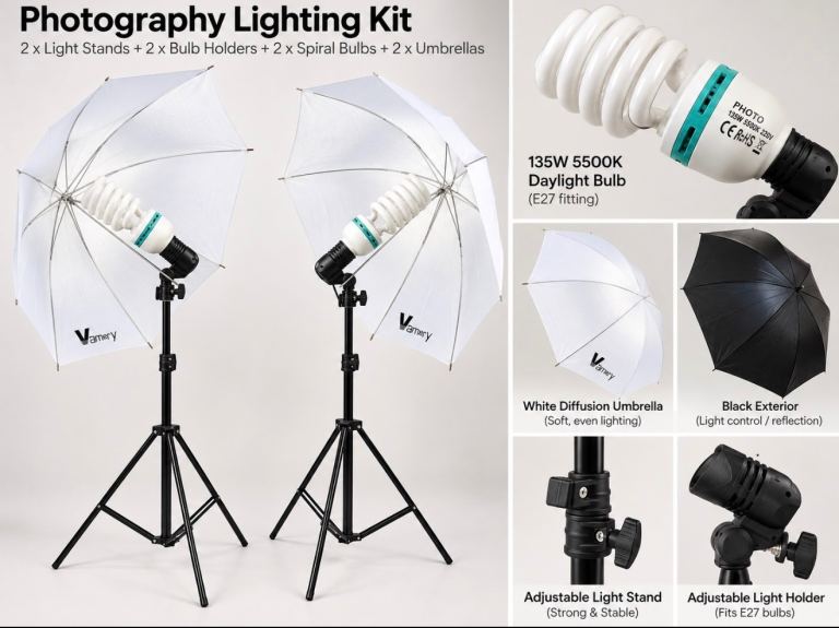 Vamery Photography Lighting Kit with Umbrellas and Bulbs