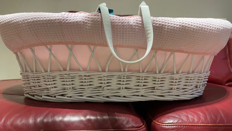 Brand new Moses basket handmade wickes pink white