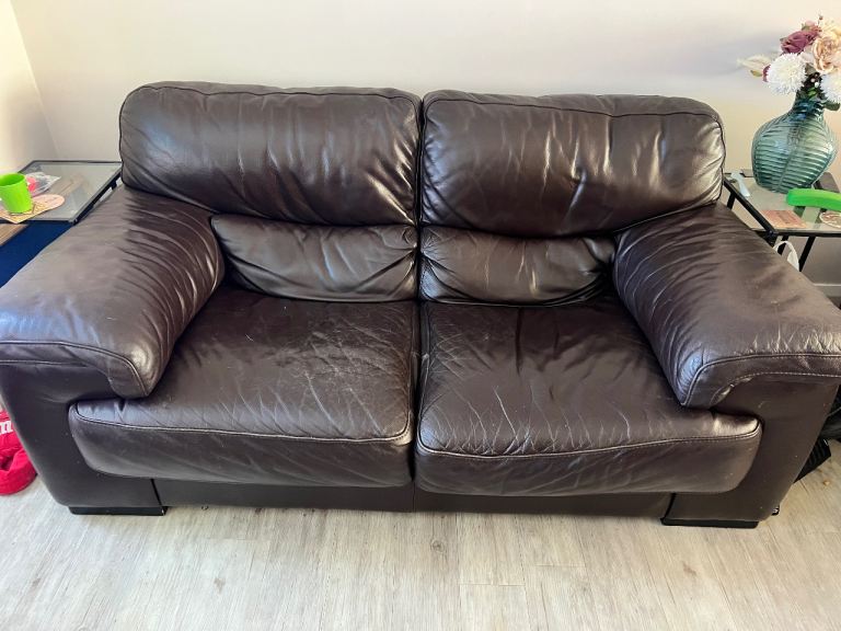 Brown Leather Two-Seater Sofa – Good Condition, 174cm Wide