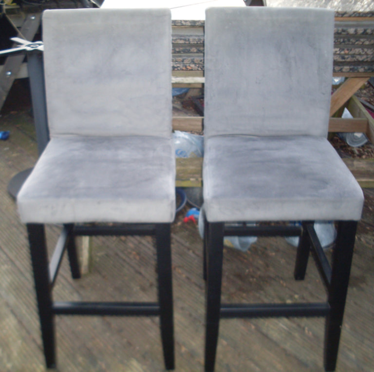 TWO GREY TALL PUB BAR STOOLS WITH BACKRESTS: - MICROPUB, SHED, MAN OR WOMAN CAVE