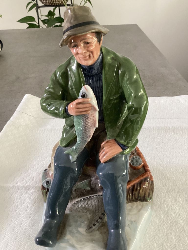 Vintage Ceramic Fisherman Figurine with Fish “ A Good Catch”