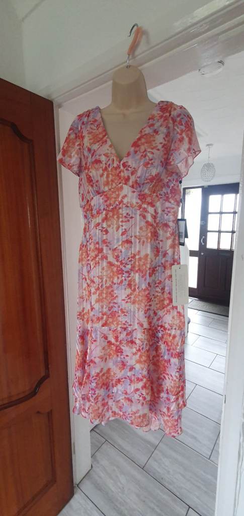 Adrianna Papell Flounce Hen Satin Midi Dress Peri/Coral -Size UK 14