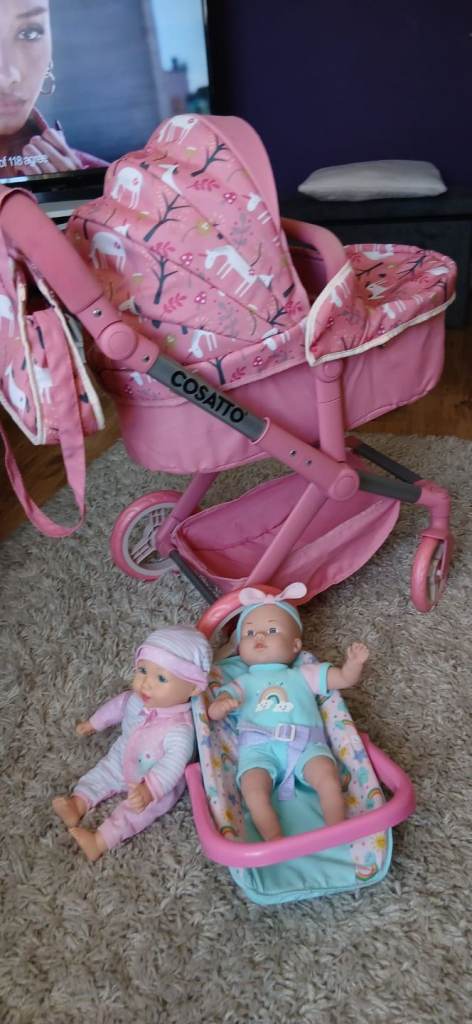 Cosatto Pink Dolls Pram with Two Baby Dolls and Carrier - Good Condition