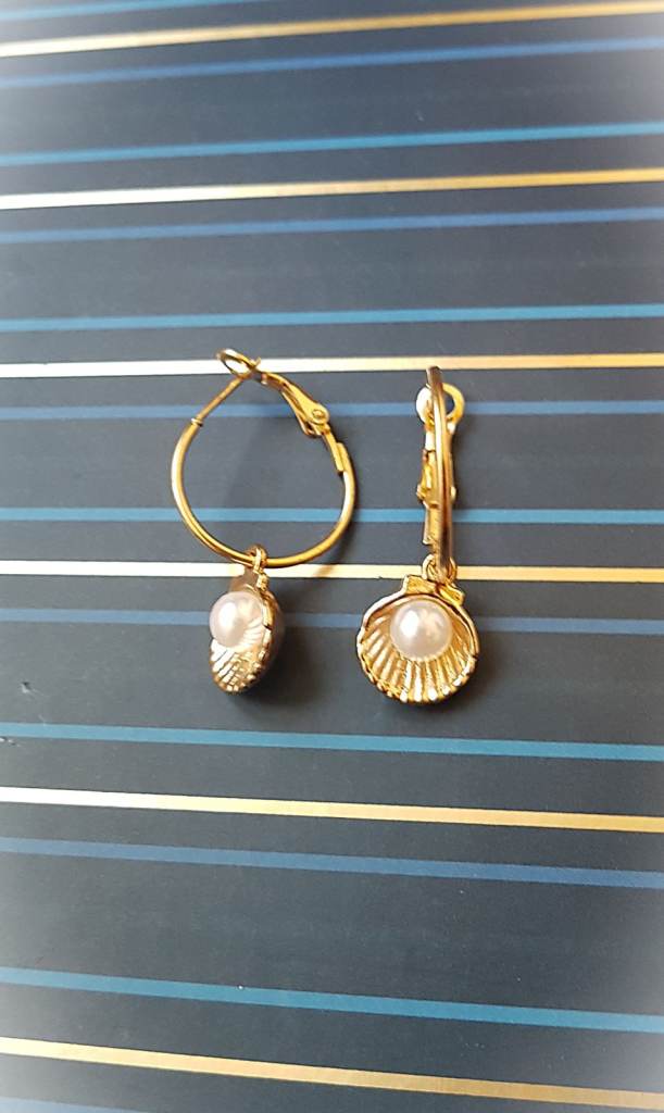 Small handmade golden seashell charm hoop earrings