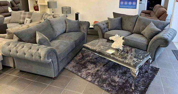 NEW Nicole Grey Fabric Chesterfield Style Sofa Set - Corner & 3+2 Seater Couch