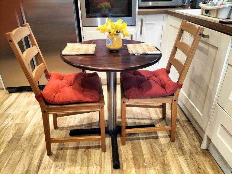 Breakfast Bar Table, 690 mm Diameter, Solid Mahogany Top, Brushed Steel Leg, Brand New & Unused