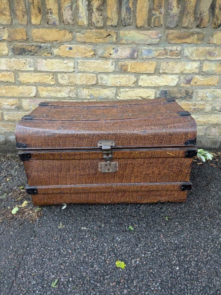Vintage Tiger Stripe Victorian Metal Trunk Retro Storage Box Chest
