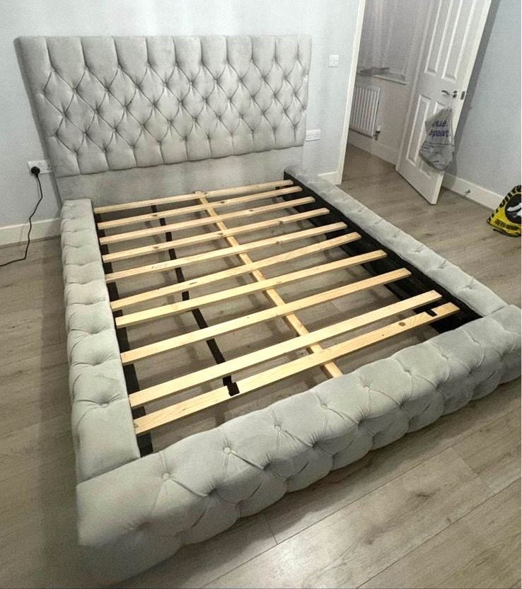 King Size Bed - Grey velvet - delivery offerred