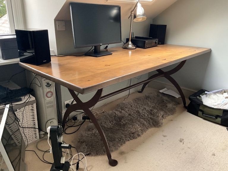 Large Solid Wood Desk / Dining Table – Metal X Frame – Industrial Style - from Habitat