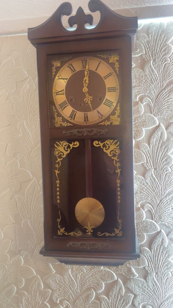 Vintage Style Wooden Wall Clock with Pendulum – Good Condition