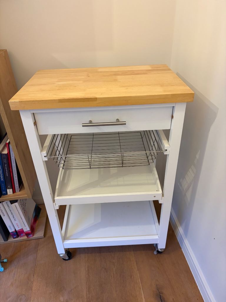 White Kitchen Trolley with Wooden Top and Storage