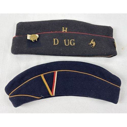 image for 2 x Vintage Blue Wool Military Side Caps - 1x French + 1x American + Badges & Letters & piping
