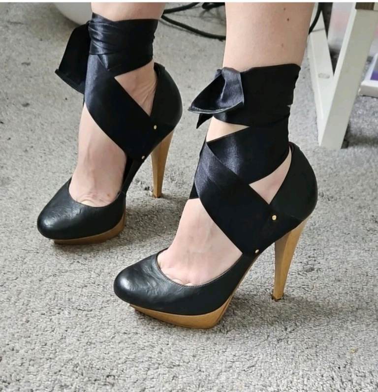 Black platform heels, new, KG vintage,  UK 3. Ribbon ties. 