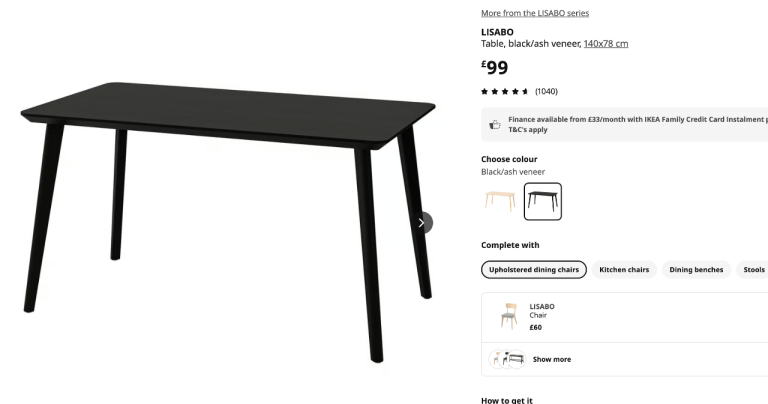 IKEA LISABO Table, black/ash veneer, 140x78 cm