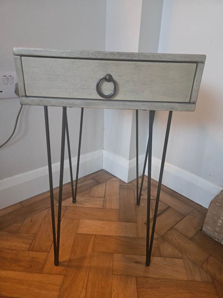 Grey Wooden Bedside Table with Hairpin Legs – Good Condition