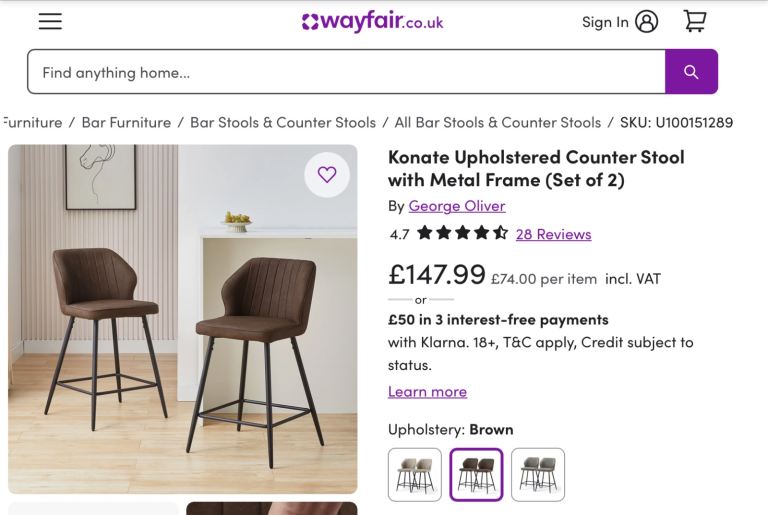£84 (2) X BRAND NEW WAYFAIR KONATE BROWN LEATHER FAUX TALL FIXED LEG BAR STOOLS BARSTOOLS