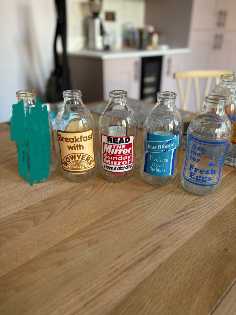 1980’s vintage printed milk bottles
