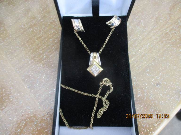 9ct yellow and white gold and diamond pendant and earrings