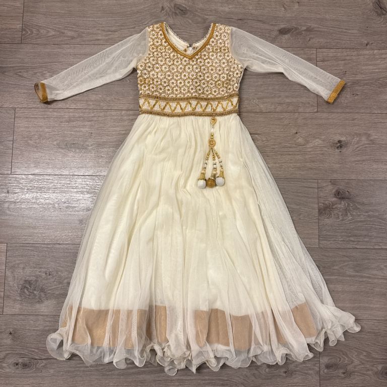 Girls Off-White & Gold Floral Embroidered Anarkali Dress Party Wear - Size 38"