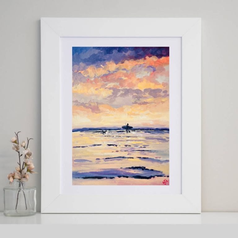 Paddleboard sunset at sea with dog. Original painting!!