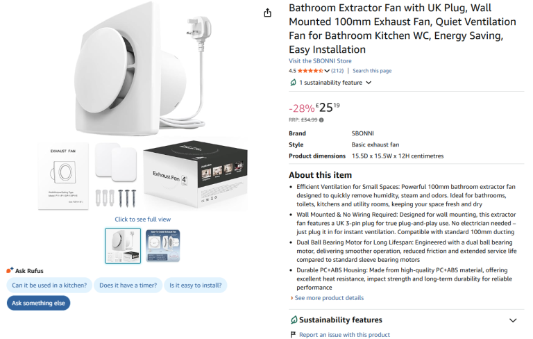 Brand new - Bathroom Extractor Fan with UK Plug, Wall Mounted 100mm - Half Price