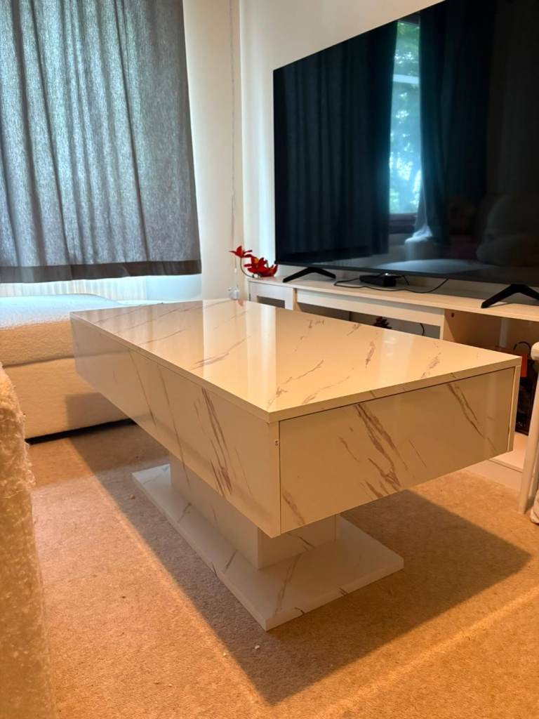 Stylish White Marble Effect Coffee Table With 2 drawers 