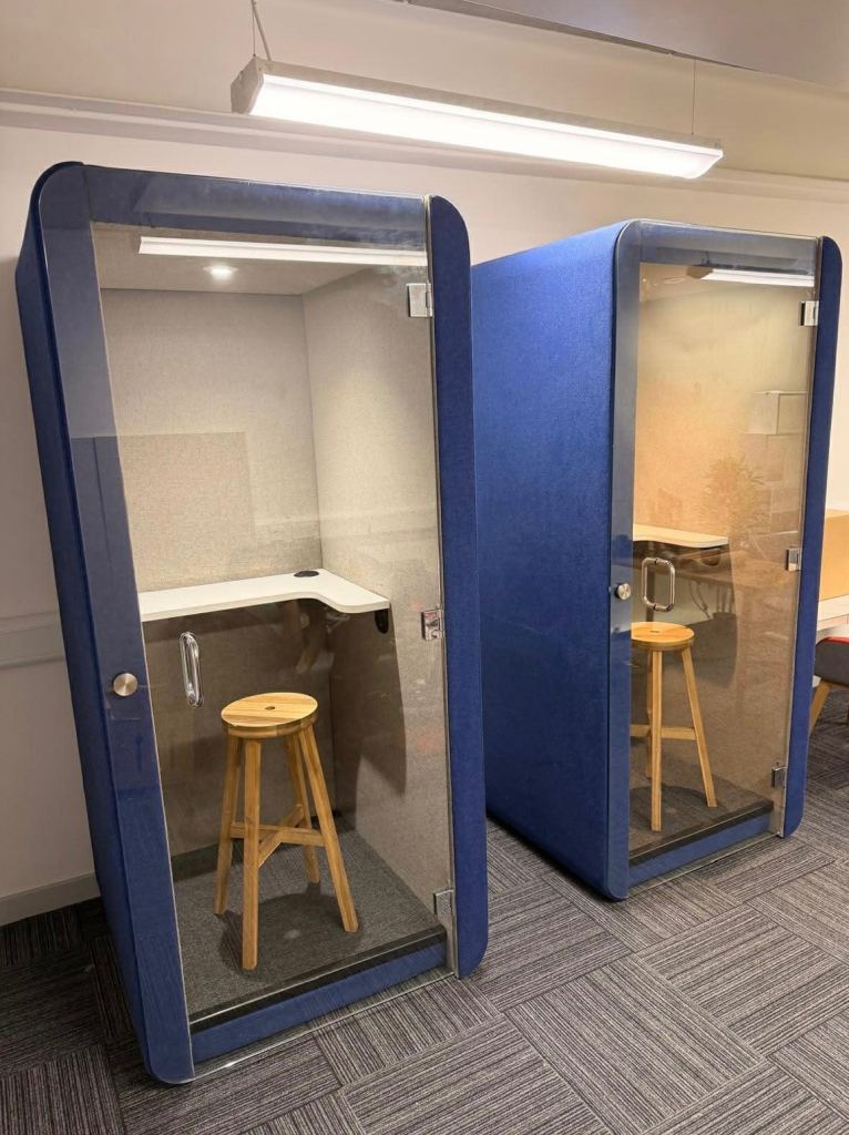 Single-Person Office Privacy Pod, Blue / Grey / Glass, Integrated Table, Lighting & Power
