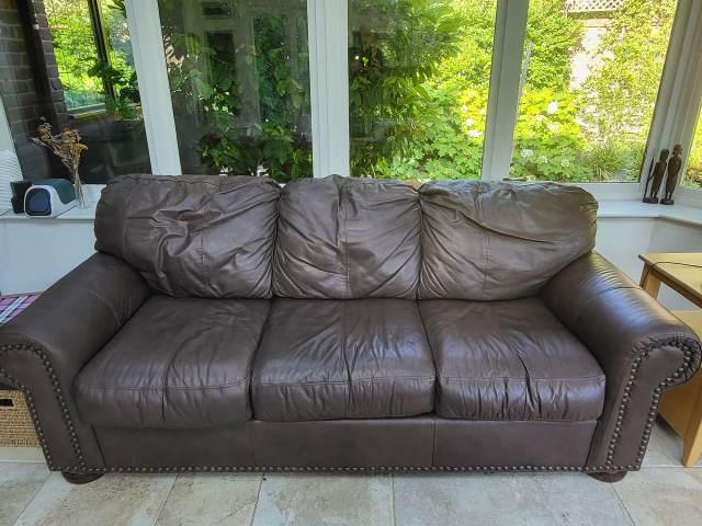 Brown Leather 3-Seater Sofa – Good Condition for Sale in