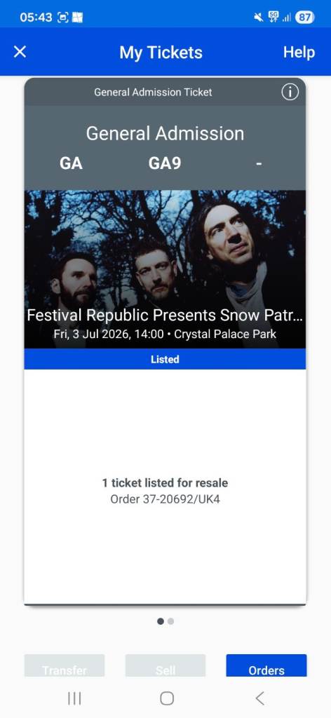 2x tickets for Snow Patrol with Rag n Bone man - 3rd July.