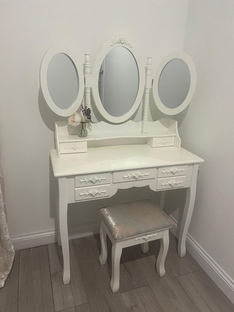 White dressing table with stool and storage 