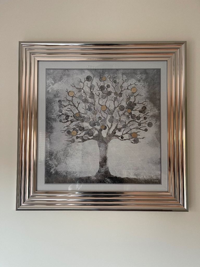 Money tree wall art in large silver frame 