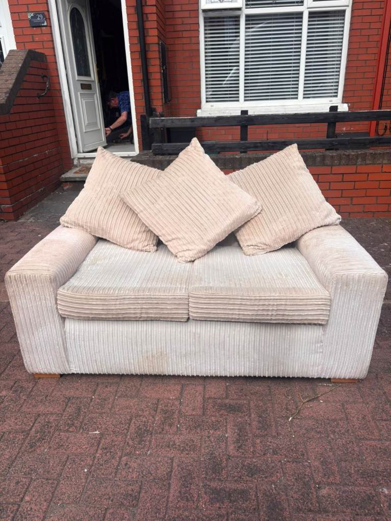 Cosy Two-Seater Sofa with Cushions – Beige Cord Fabric