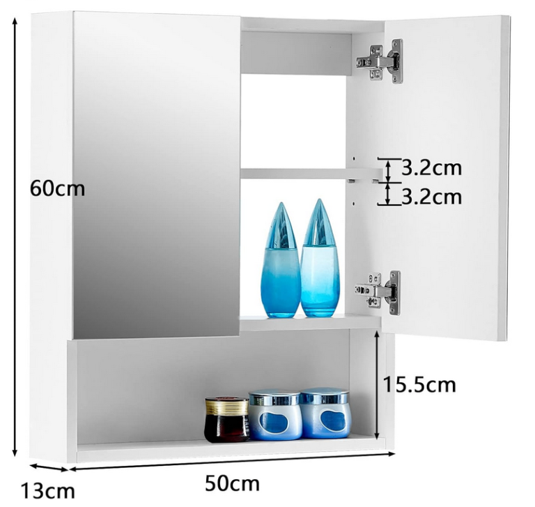2 Doors Bathroom Mirror Cabinet, 15D x 50W x 60H centimetres 