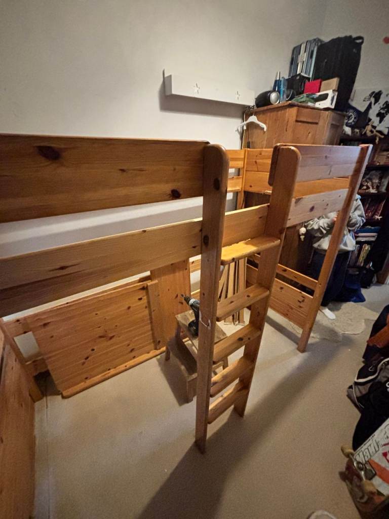 High Sleeper Bed with Desk Pine Wood