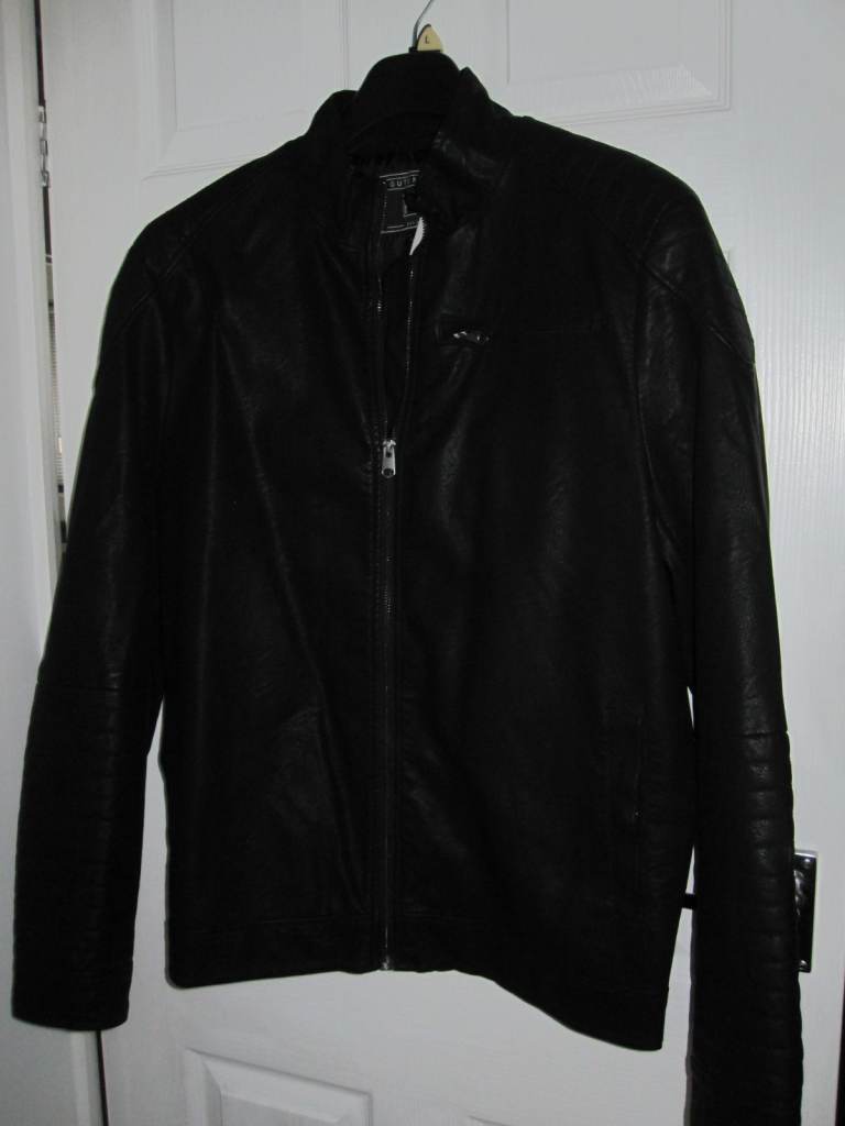 Black Faux Leather Jacket - Men's, New 