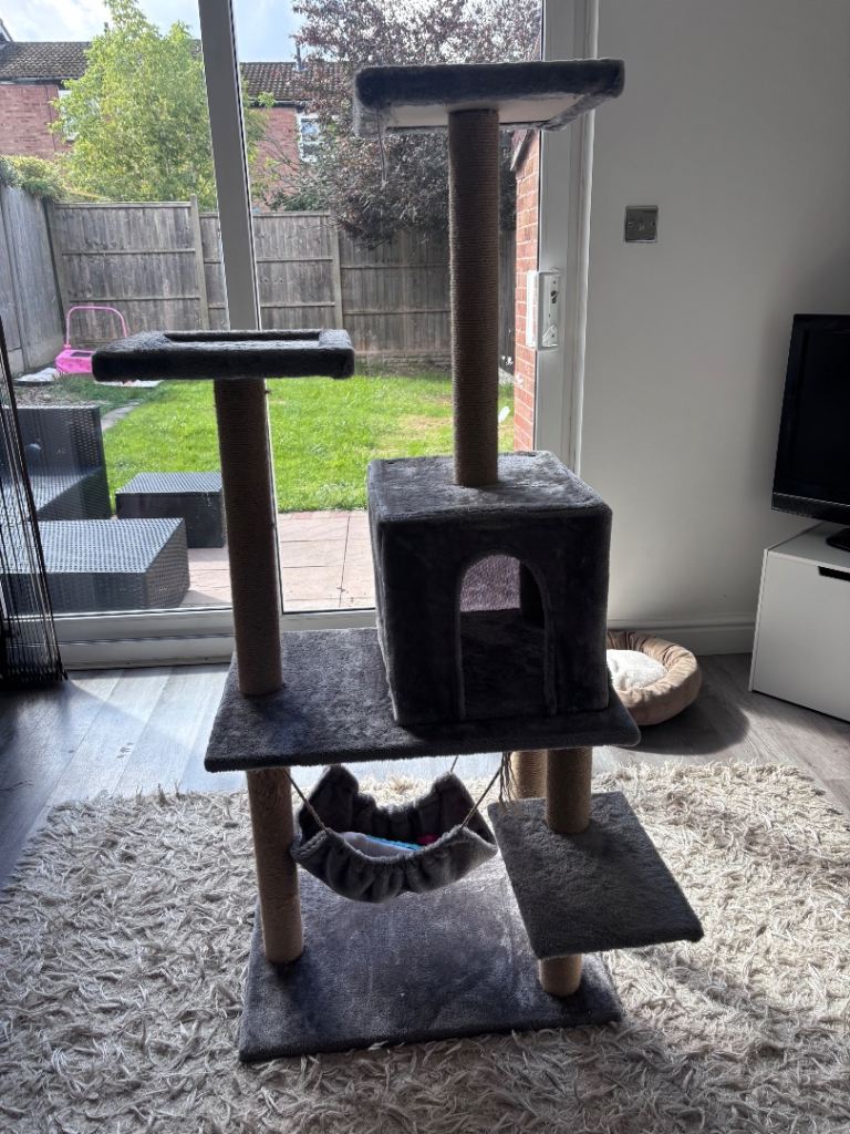 Grey Multi-Level Cat Tree with Scratching Posts and Hammock