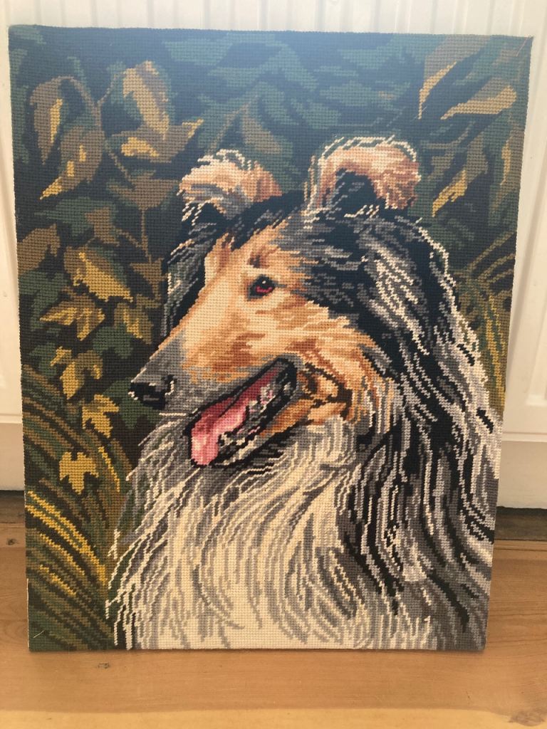 Vintage Collie Dog Needlepoint Tapestry Wall Art
