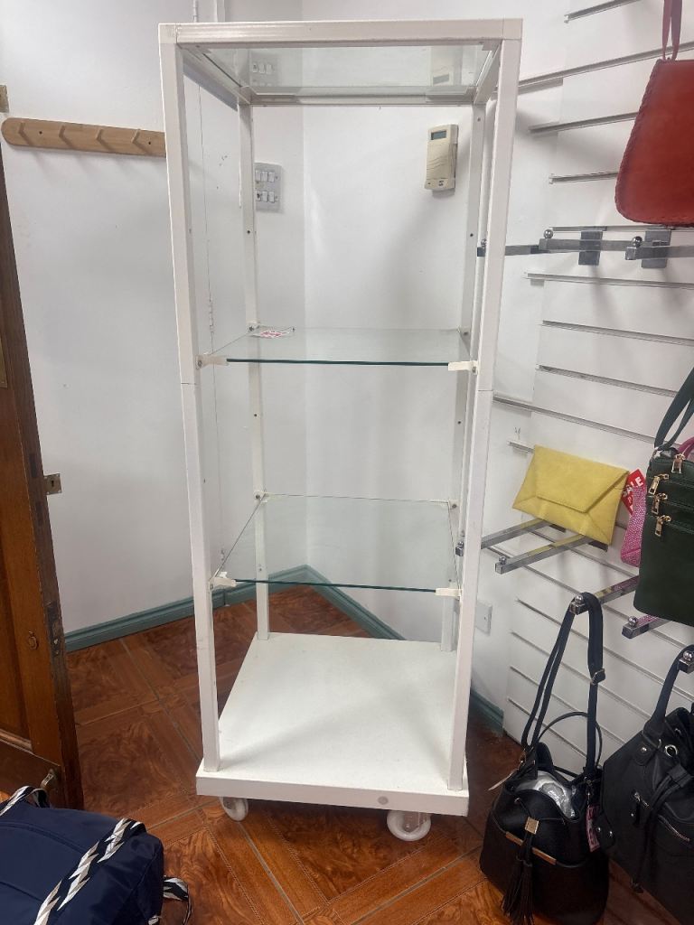 White Metal and Glass Display Cabinet on Wheels