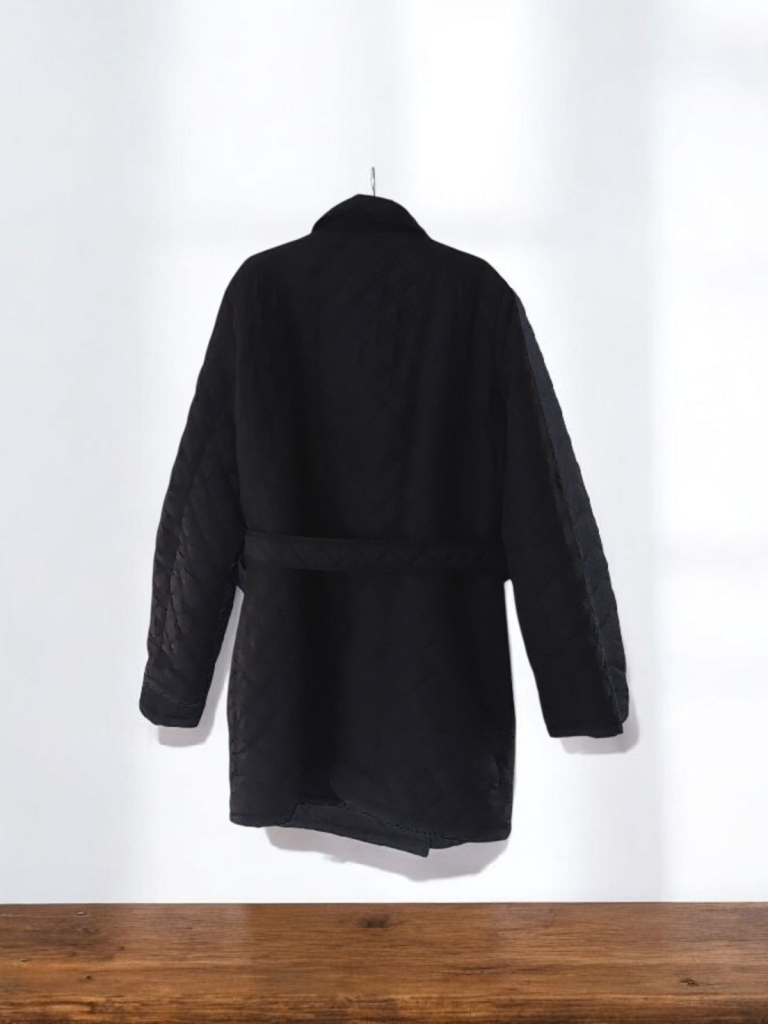 Black Quilted Trench Coat With Belt And Double Breasted Button Closure Size 14