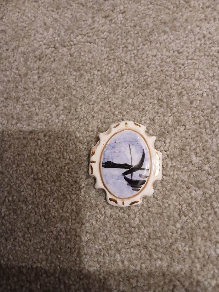 Vintage Ceramic Brooch with Boat Scene – Good Condition