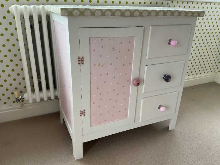 Pretty Customised Nursery Draw/Cupboard unit (Hand Painted with wallpaper accents)