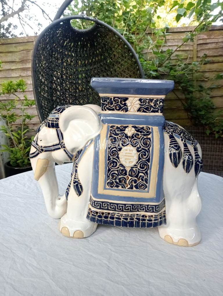 Pierced large vintage ceramic elephant plant stand stool candle lantern blue and white garden 