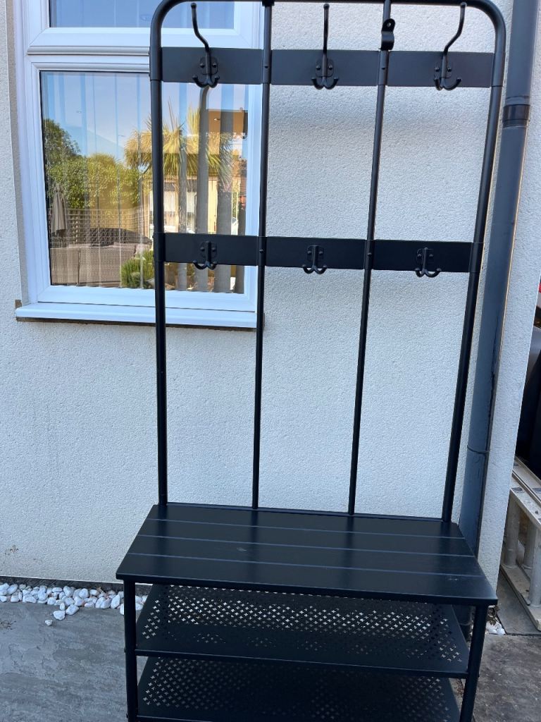 Black Metal Hallway Coat Rack with Shoe Storage