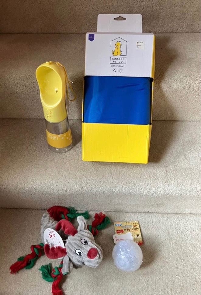 Jackson Pet Co cooling mat/water bottle and 2 dog toys.