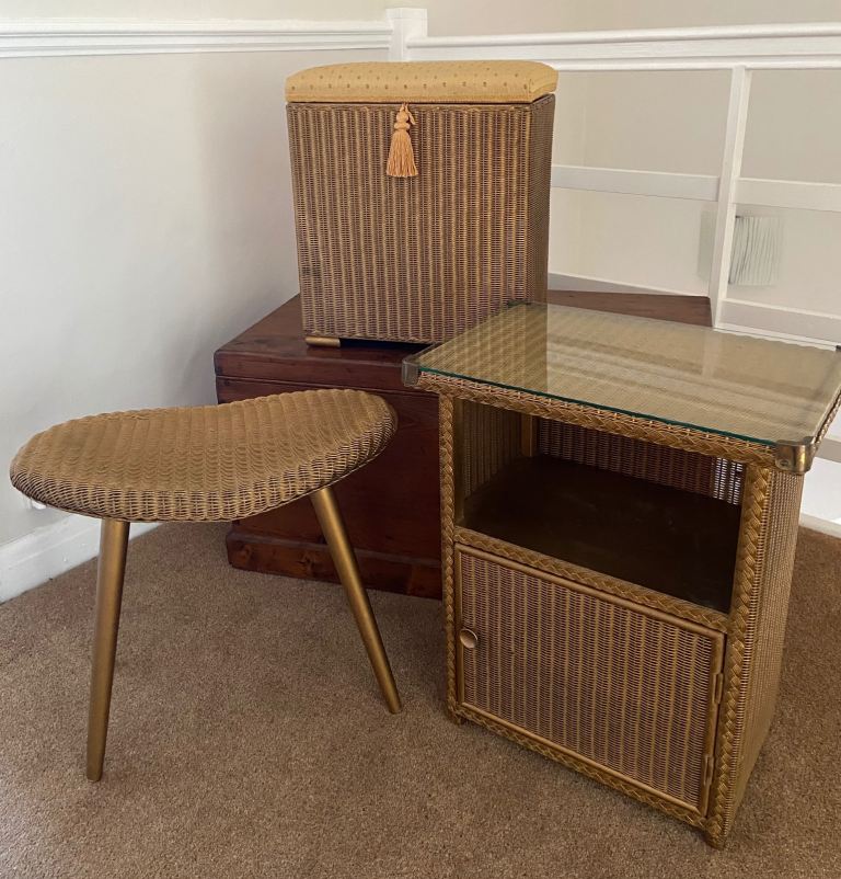 Lloyd Loom 50’s vintage set of bedside table, stool and linen box