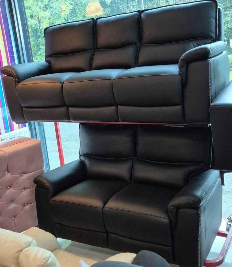 Black Leather Recliner Sofas - 3 Seater and 2 Seater Set