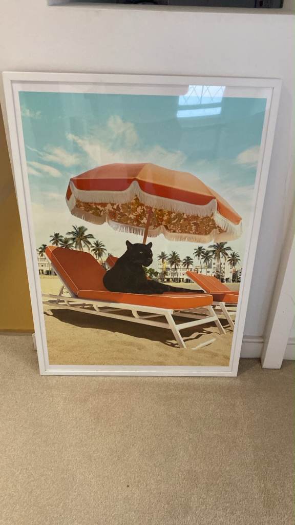 Large Framed Contemporary Print – Black Panther on Beach – White Frame