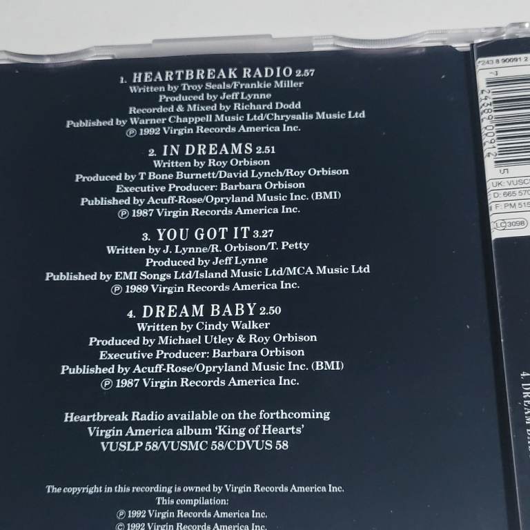 Roy Orbison Heartbreak Radio 4 Track CD Single 1992 Excellent Condition aa6